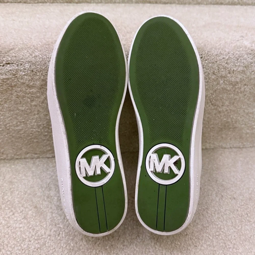 Michael Kors White Leather Low Top Sneakers Green Croc Trim Perforated Womens 8M